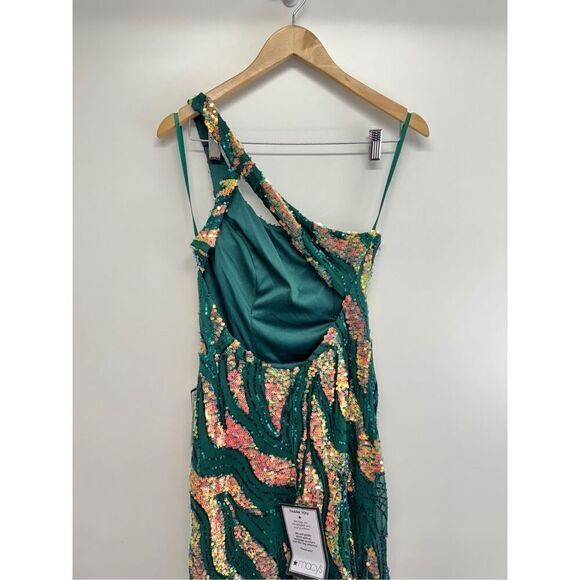 City Studio Dress‎ Juniors' Sequin One-Shoulder Slit Gown Size 8 Green Gold NWT - Picture 7 of 12